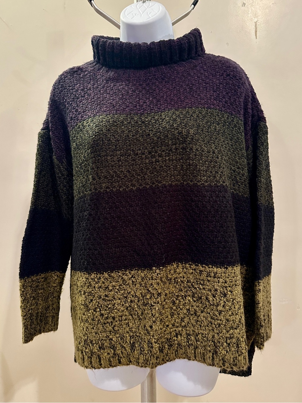 Curio NY Relaxed Striped Turtleneck Sweater in Olive, Plum & Black & Gold